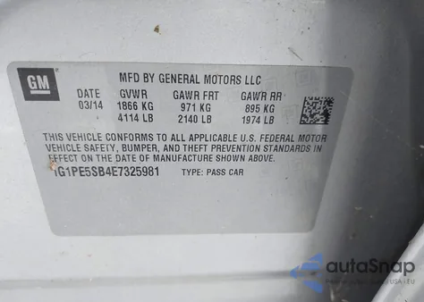 2014 Chevrolet Cruze 2Lt Auto from USA, damaged, VIN 1G1PE5SB4E7325981